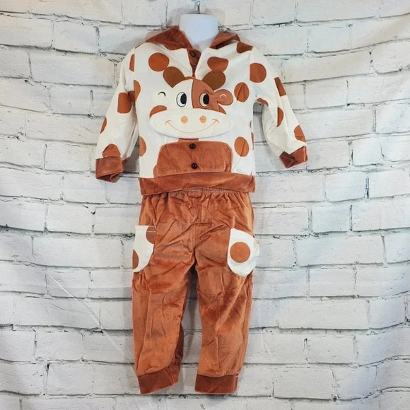 6-9M Super Soft Brown and White Cow 2 piece Velvet with Hooded Ears Baby Set - Picture 2 of 9